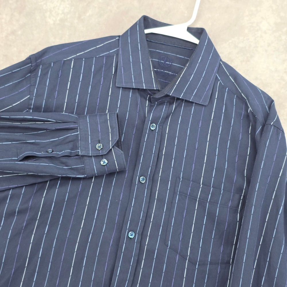 Bugatchi Uomo Button Down Dress Shirt Mens XL Navy Blue Pinstripe Long Sleeve